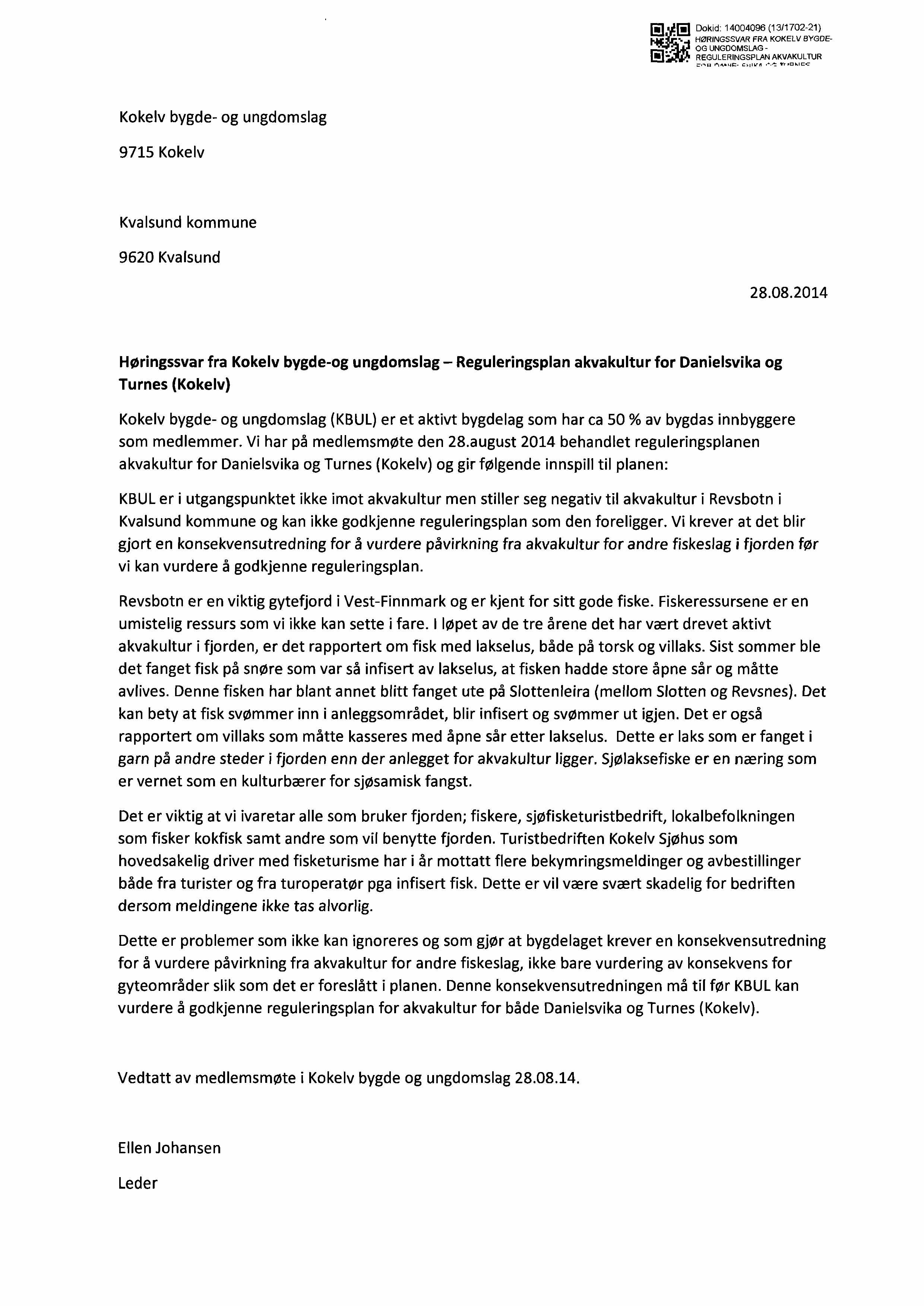 Høringsuttalelse fra Kokelv bygde og ungdomslag