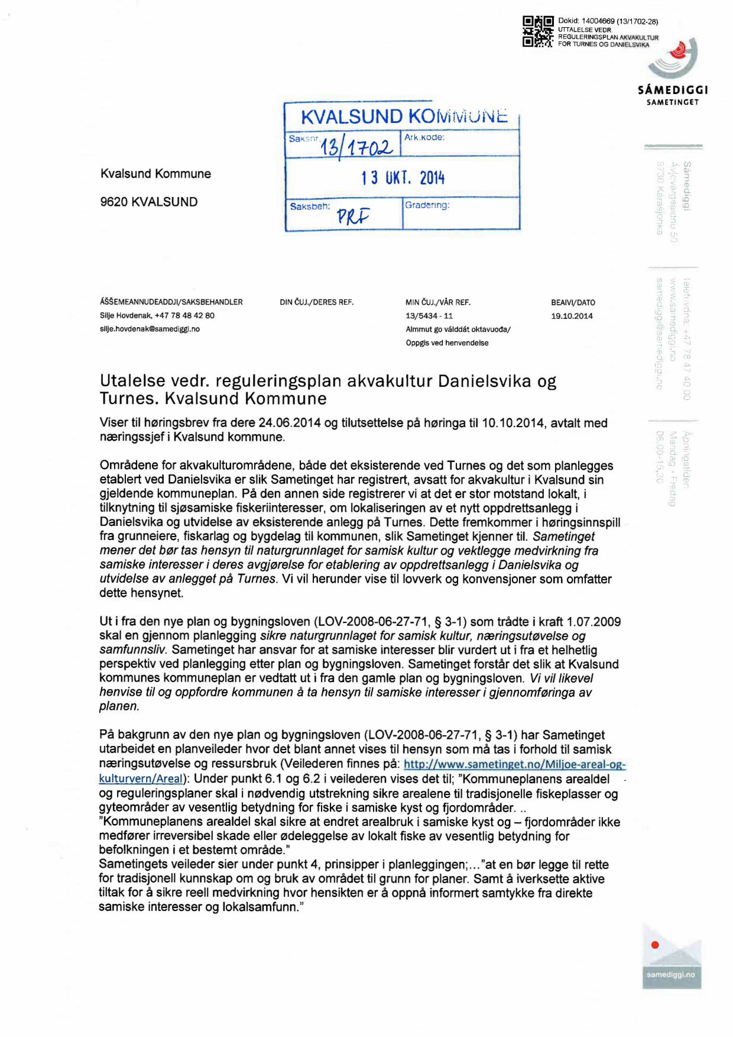 Høringsuttalelse fra Sametinget 1